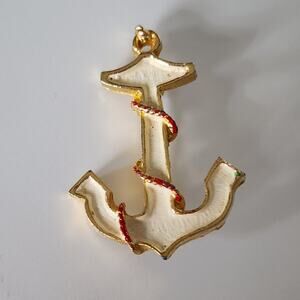 Gold tone white enamel nautical‎ anchor pin brooch